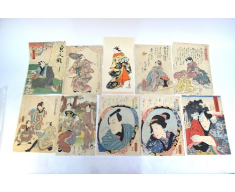 Five Japanese oban tate-e by Toyokuni III; together with four other oban tate-e (including one of a standing actor with a net