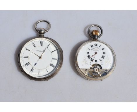 A silver Hebdomas Patent pocket watch with visible ancre escapement and enamel dial with silvered embellishments, London Impo