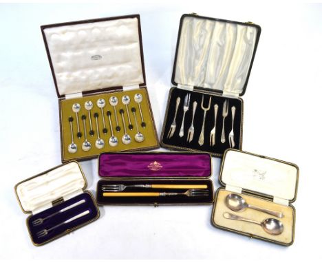 Cased silver flatware - set of twelve coffee spoons with bean finials, Sheffield 1921, set of six pastry forks with serving f