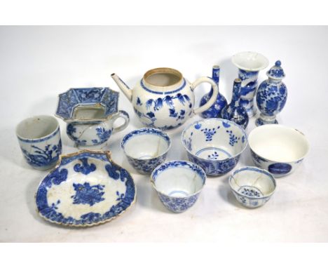 A quantity of blue and white ceramics, comprising: a bowl with Chenghua six-character mark, 9.5 cm diameter; a bowl with four