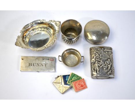 A 19th century Dutch .833 standard circular snuff box and cover to/w a US Gorham Sterling small pierced bowl, an antique mini