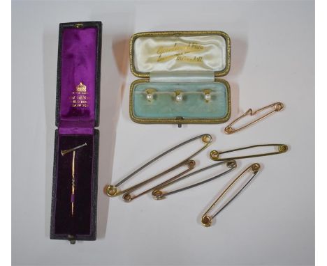 A set of three yellow gold pearl set dress studs, stamped 18ct, cased to/w bugle stick pin (cased) and six various pins, one 