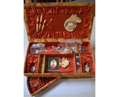 A vintage velvet covered trinket box including vintage and later costume jewellery, rosary, bracelets, mosaic pendant, ear cl