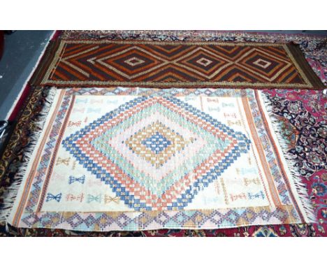 A Turkish Kelim diamond design runner (reduced in length) 250 x 75cm&nbsp;to/w Turkish cream ground Kelim rug 165 x 120cm&nbs