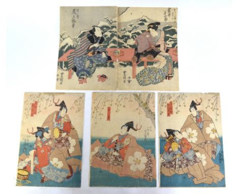 Utagawa Toyokuni II, a Japanese oban diptych of a man and women, both wearing tall geta and seated on a bench; together with 