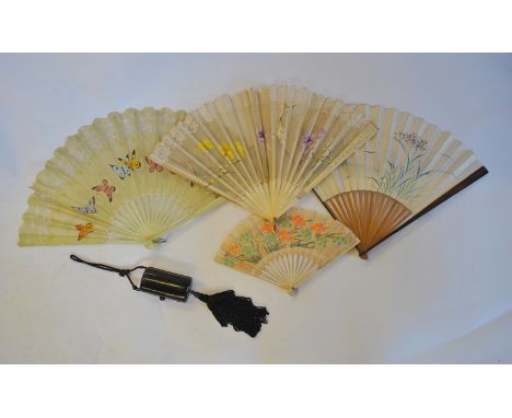 Four vintage fans painted on voile/paper, a French grained ivory silk ribbon fan, a Japanese style evening purse, an Edwardia