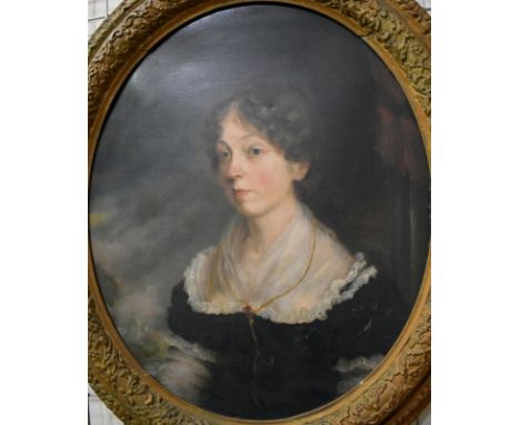 A 19th century English school portrait of Mary Cecil French of Blakenham Rectory, Ipswich, oval oil on canvas, 73 x 60 cm, in