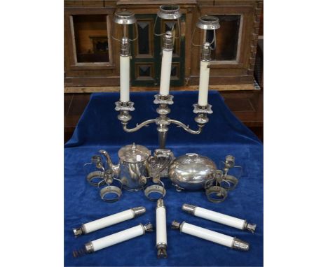 A German ovoid covered box, to/w a candelabra, a quantity of candle-holders and a coffee pot