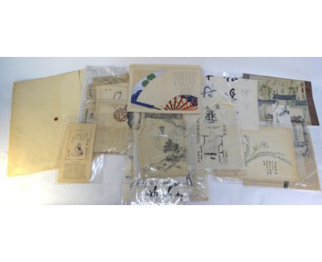 Four oban tate-e; five surimono or other similar images; various examples of calligraphy, some with an attached note stating 