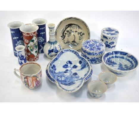 A quantity of Asian ceramics, comprising: two blue and white boxes of cylindrical form; two prunus decorated cylindrical vase