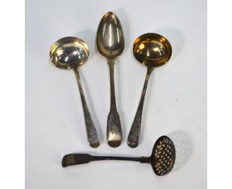 A pair of George III OEP silver ladles, Eley &amp; Fern, London 1804, to/w a fiddle pattern sifter ladle, maker W. E., also L
