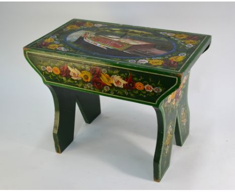 A vintage traditionally polychrome painted barge-ware stool, centred by a narrowboat for Thomas Clayton Ltd'