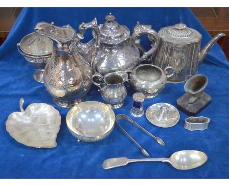 A pair of George IV silver sugar tongs, London 1828, a Mexican sterling 'hat' ashtray and a continental white metal sugar bas