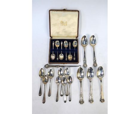 A matched part set of five George III and Victorian modified King's pattern dessert spoons, London 1818/42, to/w three Hester