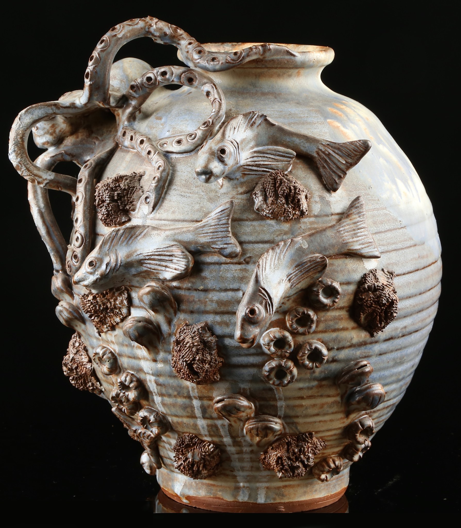 A late 20th Century Studio Pottery Vase, with majolica type sea life
