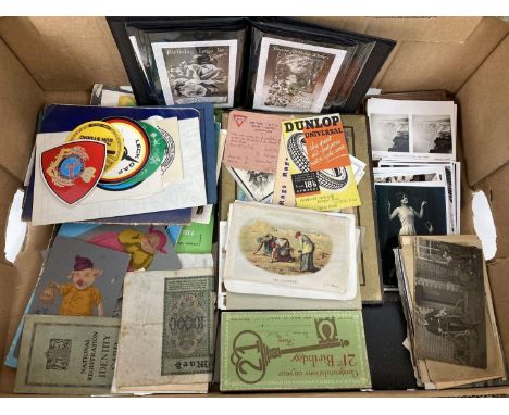 A box of assorted vintage ephemera to include leaflets, postcards, car stickers &amp; greetings cards. 