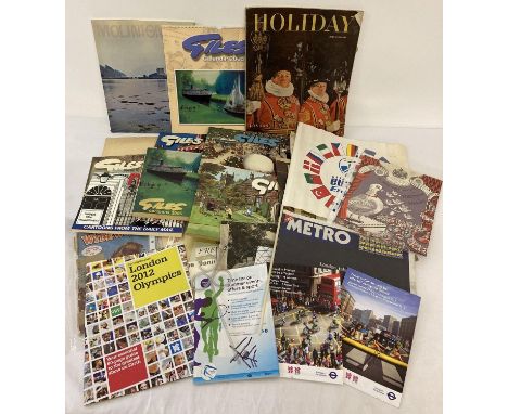 A box of assorted books and ephemera to include Giles &amp; London 2012 Olympic memorabilia. Lot also includes vintage wine &