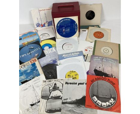 A vintage singles record case containing a collection of single records relating to offshore pirate radio, to include radio s