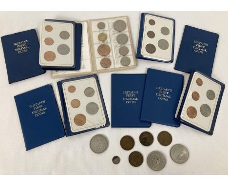 A George V 1935 half silver crown and other loose vintage British coins. Together with 9 sets of Britain's First Decimal Coin