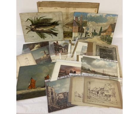 A box of assorted vintage pictures and prints. To include oil paintings, coloured prints and etchings. 