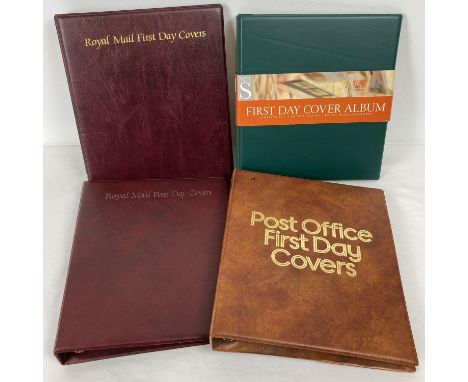 4 empty First Day Cover albums, in excellent condition. 2 x maroon Royal Mail folders, 1 green WHSmith folder and a brown Pos