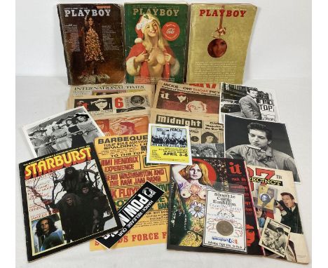 A collection of mixed ephemera. To include 3 vintage issues of Playboy from 1965, 68 and 72. Lot also includes "It" magazine 