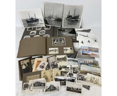 A quantity of vintage photographs, photo albums and cabinet cards. To include Military album, ships and aeroplanes. 