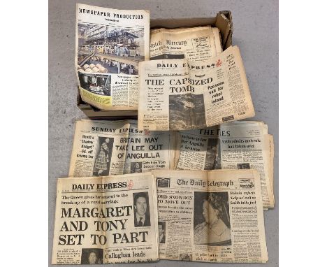 A box of assorted vintage newspapers, dating from the 1940's through to the 1970's. 