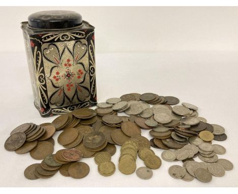 A tin of mixed vintage, mostly British coins. Sovereign heads of Edward VII, George V, VII and Elizabeth II. To include penni