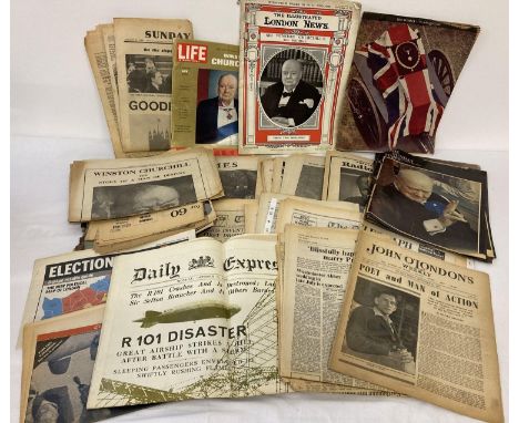 A box of assorted vintage newspapers &amp; magazines to include covers featuring major world events. 