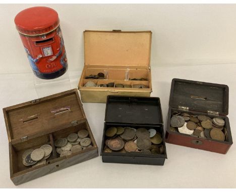 4 vintage money boxes and cash tins containing a collection of vintage British and world coins and tokens. Together with a Ch