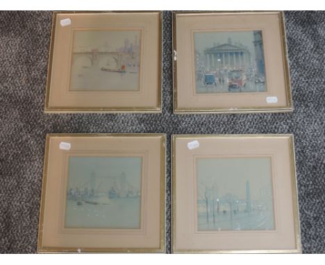 William Frederick Longstaff (1879-1953), four watercolours, vintage London landscapes, signed, each 16 x 16cm, mounted framed