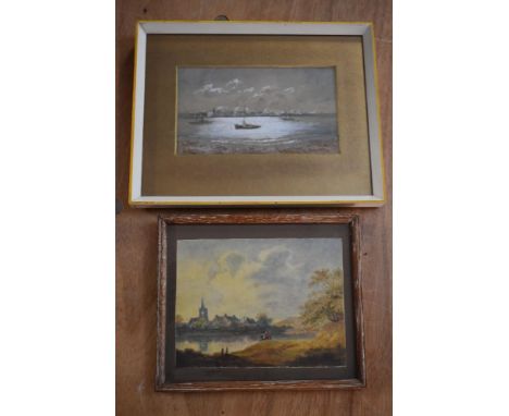 R Finlay, (20th century), a watercolour, moonlit boats, signed, 9 x 16cm, mounted framed and glazed, 19 x 24, and Emma, (19th