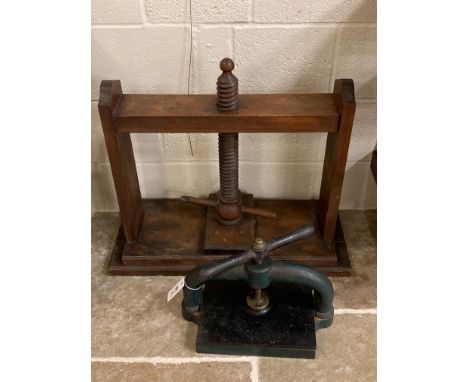 * Bookpress. A hardwood bookpress/linen press, 18th/19th-century, with central screw thread, platen approximately 57.5 x 28 c