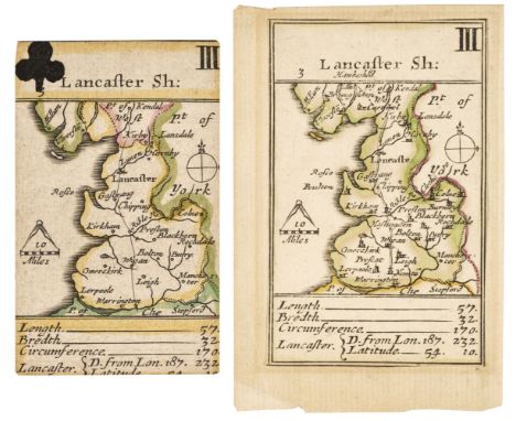 Lancashire. Morden (Robert), Lancaster Sh. [1676], engraved 'playing card' map (3 of clubs) with contemporary outline colouri