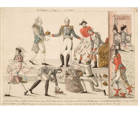 * Napoleonic Caricature. La Restitution ou Chaqu'un son Compte, circa 1815, anonymous etched caricature with contemporary han