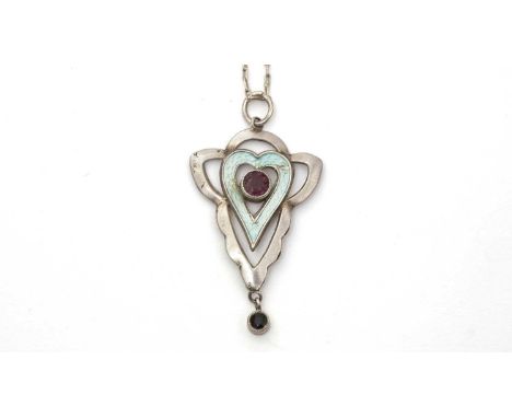 An Art Nouveau blue enamel and purple and paste set pendant, in white metal setting, 43mm high including bale, on white metal