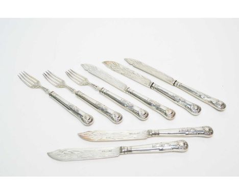 A part set of Victorian silver Kings pattern knives and forks, by Harrison Brothers &amp; Howson, Sheffield, 1873, comprising