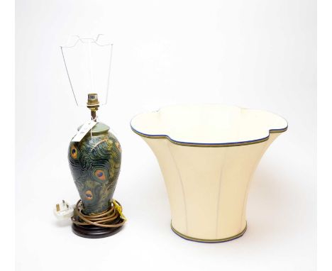 A Moorcroft ‘Peacock Feathers’ pattern table lamp, tubeline decorated with feathers on a pale blue/green ground, with brass f