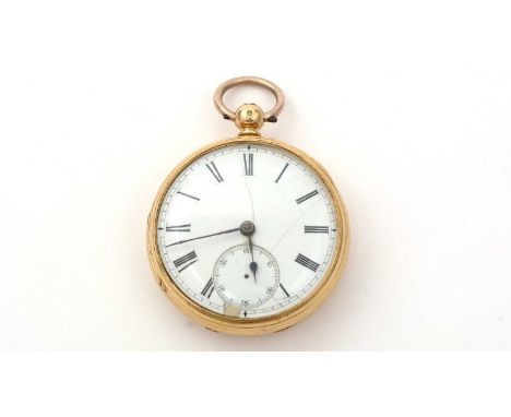 An 18ct yellow gold cased open faced pocket watch, the white enamel Roman dial with subsidiary seconds dial (lacking hand), t