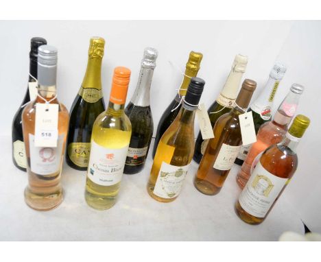 A selection of bottles of prosecco, wine, and other drinks, including: Chartreuse de Mougeres Le Pelerin, 2013, Pays de Caux;