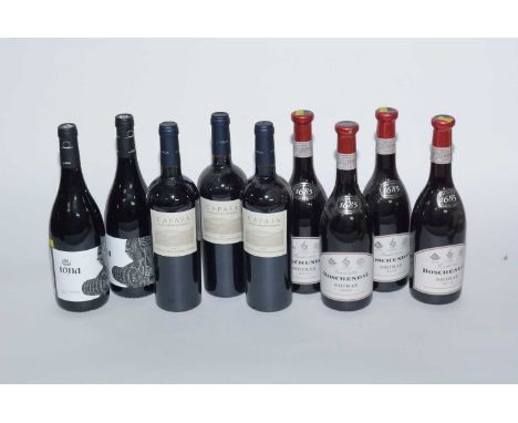 Boschendal Shiraz, South Africa, 2013, four bottles; Capaia Merlot Cabernet Sauvignon, 2011, three bottles; and Iona One Man 