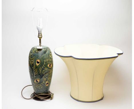 A Moorcroft ‘Peacock Feathers’ pattern table lamp, tubeline decorated with feathers on a pale blue/green ground, with brass f