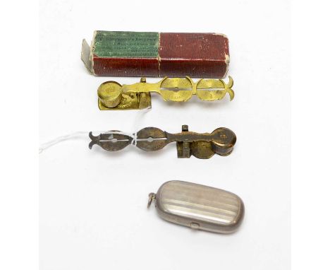 Two sets of 19th Century brass sovereign balance scales, one box; and a silver coin case, by William Neale &amp; Son, Birming