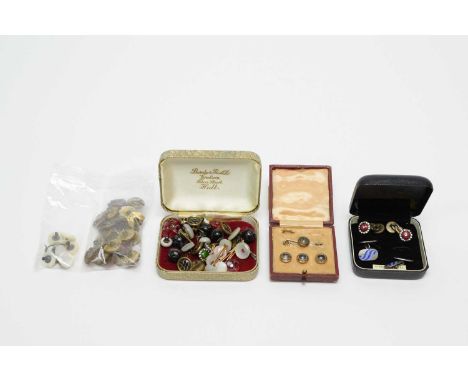 A selection of vintage dress studs, buttons and cufflinks, including: a pair of Art Deco white metal guilloche engraved and b