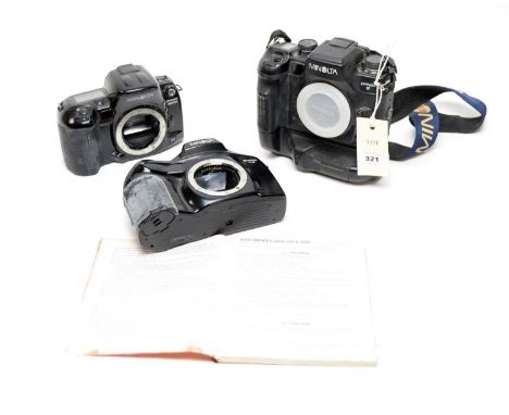 A Minolta Dynax 7xi camera; a Minolta Dynax 800si camera; and a Minolta Dynax 9 camera, with manual. (3)