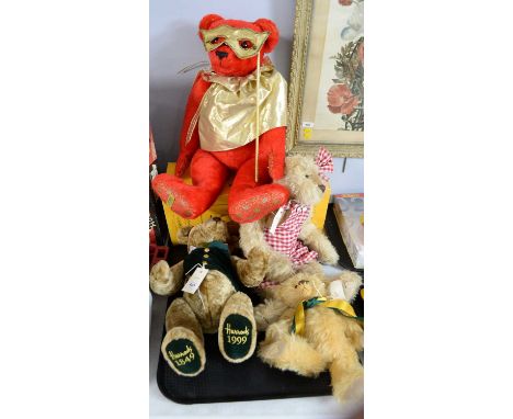 A Merrythought 'Masquerade' teddy bear; together with two Dean's teddy bears; and a Harrods 1849-1999. (4)