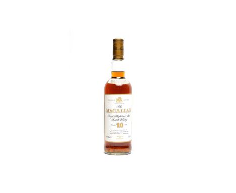 The Macallan: one bottle of single Highland malt Scotch whisky, 10 years old, 70cl, 40% vol, level above shoulder.