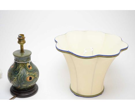 A Moorcroft ‘Peacock Feathers’ pattern table lamp, tubeline decorated with feathers on a pale blue/green ground, with brass f