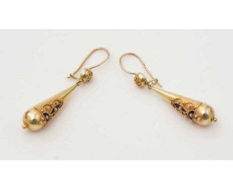 A pair of 19th Century yellow gold drop earrings, with blue enamel and applied decoration, one stamped '9ct' to loop, 52mm hi